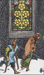 Five of Pentacles, classic RWS illustration
