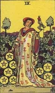 Nine of Pentacles, classic RWS illustration
