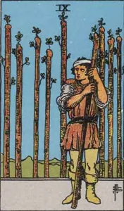 Nine of Wands, classic RWS illustration