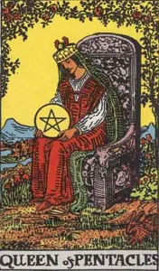 Queen of Pentacles, classic RWS illustration