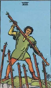 Seven of Wands, classic RWS illustration