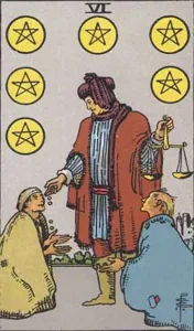 Six of Pentacles, classic RWS illustration