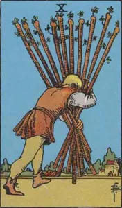 Ten of Wands, classic RWS illustration