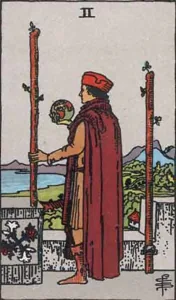 Two of Wands, classic RWS illustration